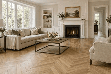 Elegant living room with herringbone wood flooring and a fireplace | Gillenwater Flooring
